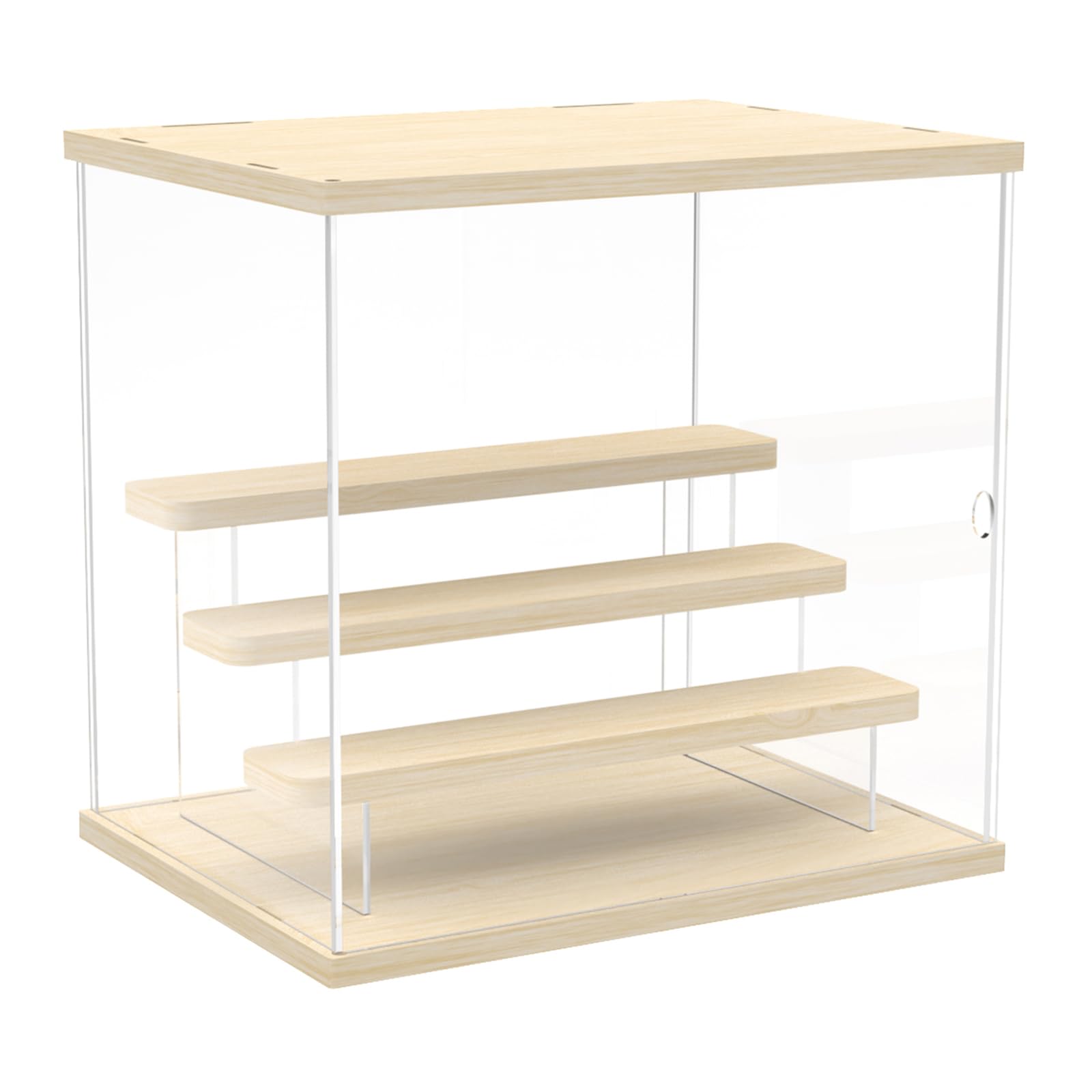 Nynelly 4 Tier Clear Acrylic Display Case for Models, Mini Figures, Pop Mart, Labubu, Sonny Angel, Smiski - Assemble Dustproof Display Box with Door, Display Stand (Wood Top Base Step)
