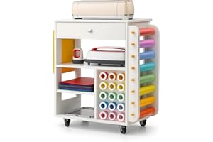 Craft Organizers and Storage Table Compatible with Cricut Machine, VDamu Crafting Cabinet Cart with Vinyl Roll Holder for Craft Room Home Office