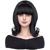 MAGQOO Black Wig Women Short Black Wig with Bangs Retro Bouffant Beehive Wigs 60s 70s 80s Costume Cosplay Halloween Party with Wig Cap