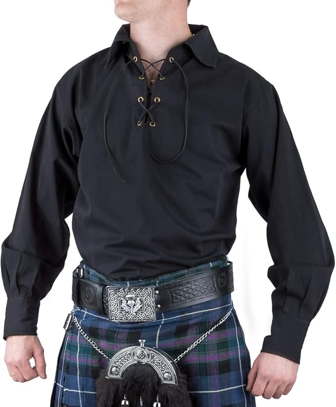 Casual Traditional Scottish Mens Ghillie Shirt, Black or White S to