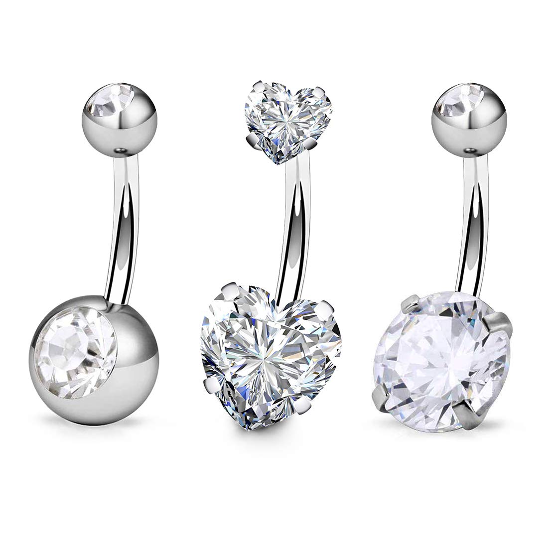 FECTAS 3pcs Silver Belly Button Ring Top Zirconia 316L Surgical Steel 14G Navel Bars Piercing Jewellery