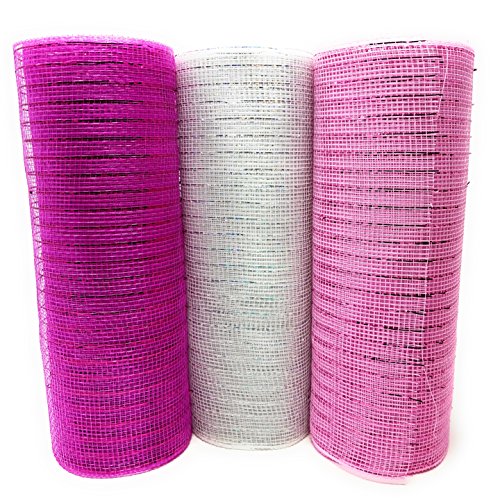 Valentine's Day Pretty Pinks 10" Wide, 10 Yard Decorative Mesh Rolls (Fuchsia, White, Pink) for Crafting Wire Wreaths
