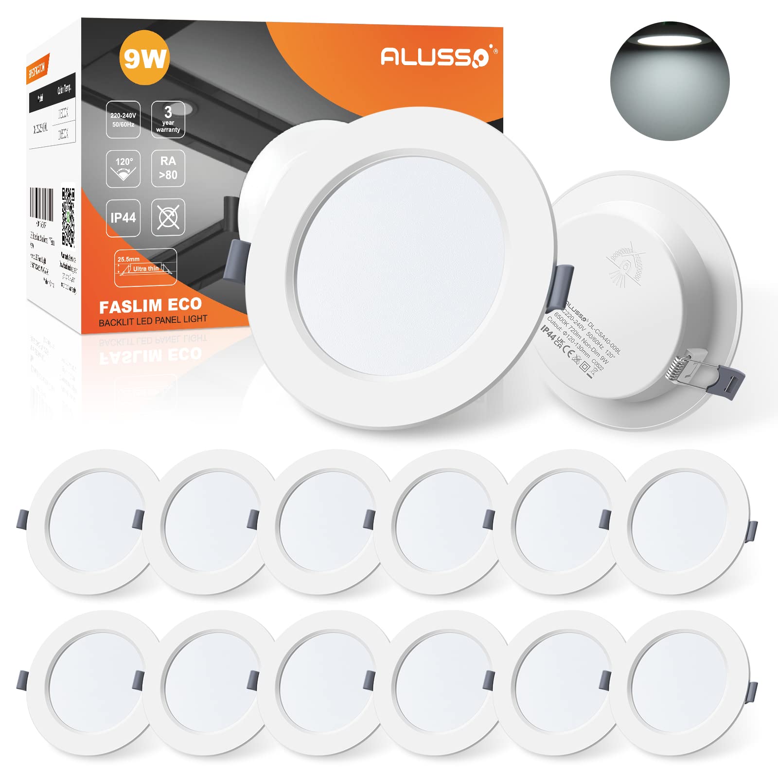 ALUSSO 9W LED Slim Downlights Ceiling 6500K Cool White Recessed Ceiling Lights IP44 Bathroom Spotlights, 12 Pack