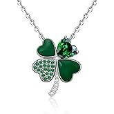 Talonior ST Patricks Day Irish Four Leaf Clover Shamrock Necklace for Women Heart 925 Sterling Silver Charm Fashion Green Love Emerald Pendant Choker Diamond Crystal Prom Valentine Necklaces