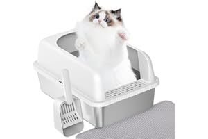 Prodigen Stainless Steel Cat Litter Box with Lid High Wall Sides Enclosure, Non-Sticky, Anti-Leakage, Easy Cleaning, with Cat Mat & Metal Scoop, 19.6" L x 14" W x 12" H