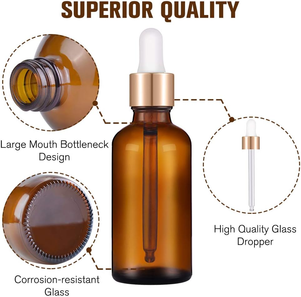 PrettyCare Eye Dropper Bottle 1 oz ( 4 Pack Amber Glass Bottles 30ml with Golden Caps, 1 Extra Plastic Measured Pipettes, 12 Labels, Funnel ) Empty Tincture Bottles for Essential Oils, Perfume: Home & Kitchen