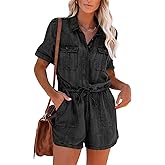 Paintcolors Women's Button Down Pockets Belted Washed Denim Jumpsuits Rompers