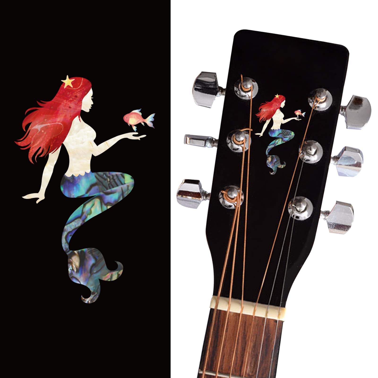 PLIGREAT 2 Pcs Guitar Head Stickers, Removable Guitar Headstock Decals, Mermaid Stickers for Acoustic Guitars Electric Guitars Bass Decor Guitar Board Decals DIY Musical Instruments Decorations