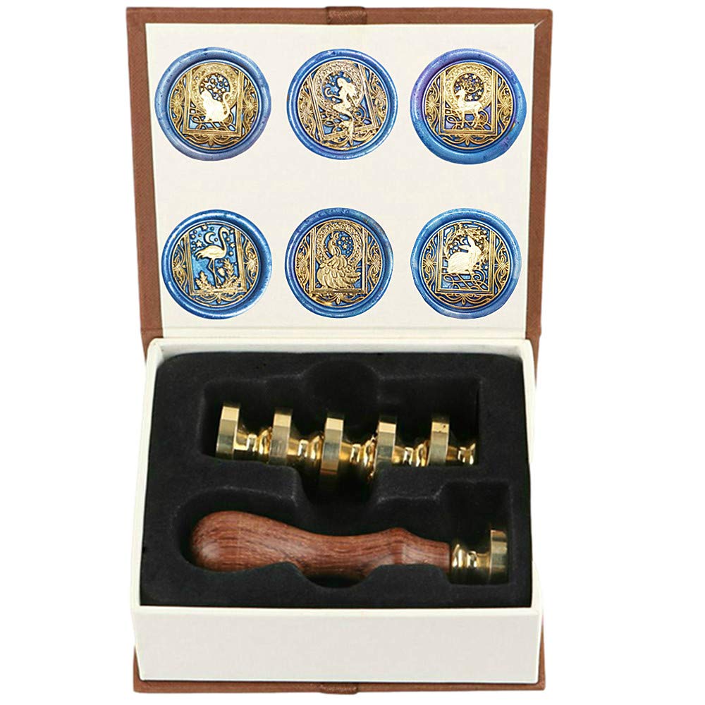 ANBOSE Starry Animal Wax Seal Stamp Set with 6 PCS Removable Brass Heads and 1 Wooden Handle, Retro Vintage Cat Deer Peacock Mermaid Flamingo Rabbit Sealing Wax Stamp for Craft
