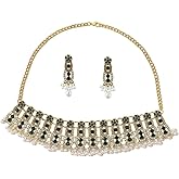 NewZenro CZ Flower Imitation Pearl Beaded Tassel Dangle Drop Stud Earrings Layered Choker Necklace Set for Women Trendy Indian Traditional Fashion Antique Bollywood Jewelry for Wedding Party