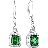 Blaniy Emerald Cut Dangle Drop Earrings 925 Sterling Silver Halo Rectangular Leverback Earrings Birthstone Jewelry for Women