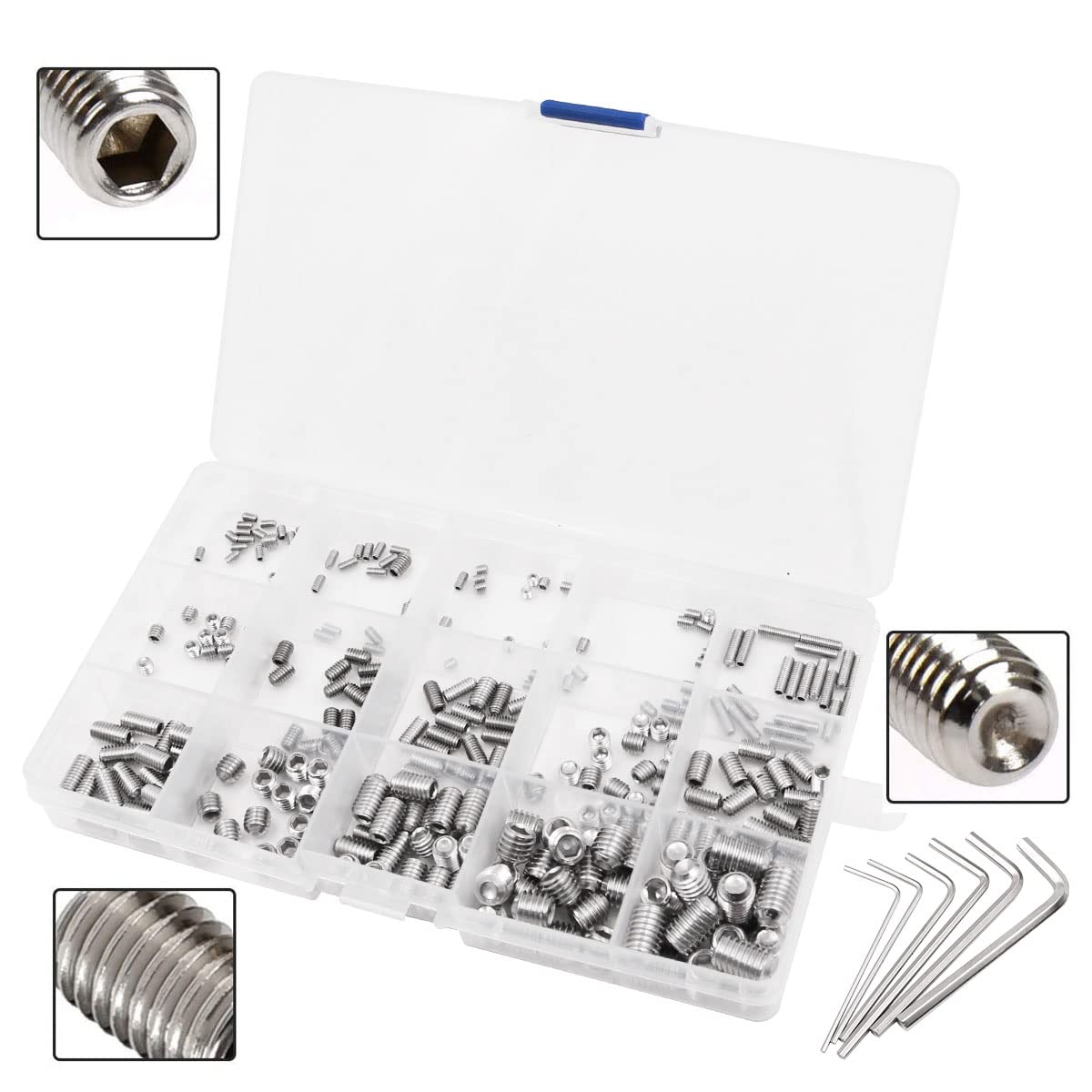 300 Piece NUZAMAS M2.5 M3 M4 M5 M6 M8 Hexagonal Grub Screws Set Grub Screws Stainless Steel Hexagon Head Hex Grub Head Machine Screw with Key for Homework