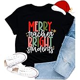 Cutesong Teacher Christmas Shirt for Women Merry Teacher Bright Students T-Shirts Teachers Life Xmas Blessing Tee Tops