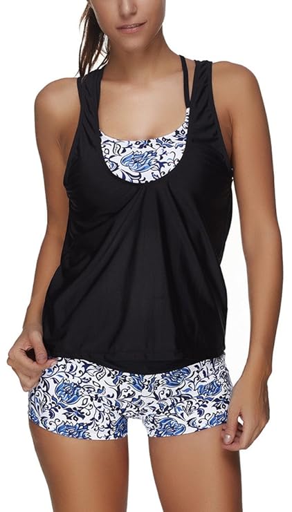 Sucor Damen Separable Badeanzüge Sport Yoga Fitness 3-Teilig Tankini mit Shorts Strand Bikini Set Beachwear