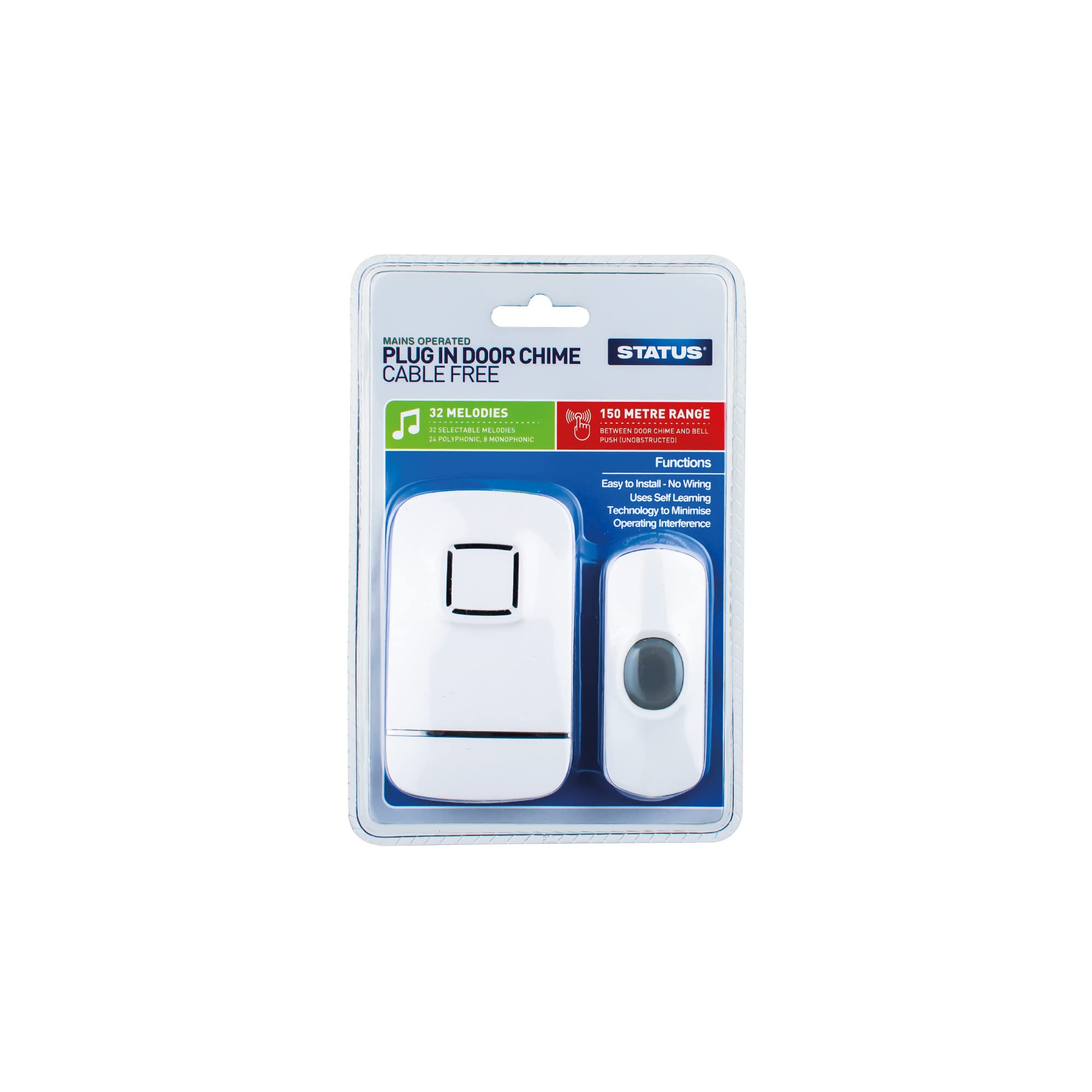 STATUS Wireless Door Bell White | Waterproof Ring Door Chime | 150 Meters Range with 32 Melodies | SPDCCFB3