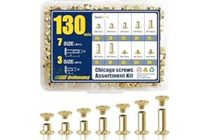 ArcNascency 130 Sets Gold Chicago Screws Leather Rivets Kit, 7 Sizes (M5*4,5,6,8,10,12,15) & 3 Screw Lengths (M4*3,4,5) for Belts, Bookbinding, DIY Leather (Gold)