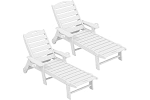 2 PCS White HDPE Outdoor Chaise Lounge Chairs Set, 5-Position Adjustable Pool Lounge with Wheels & Cup Holder, All-Weather Pa
