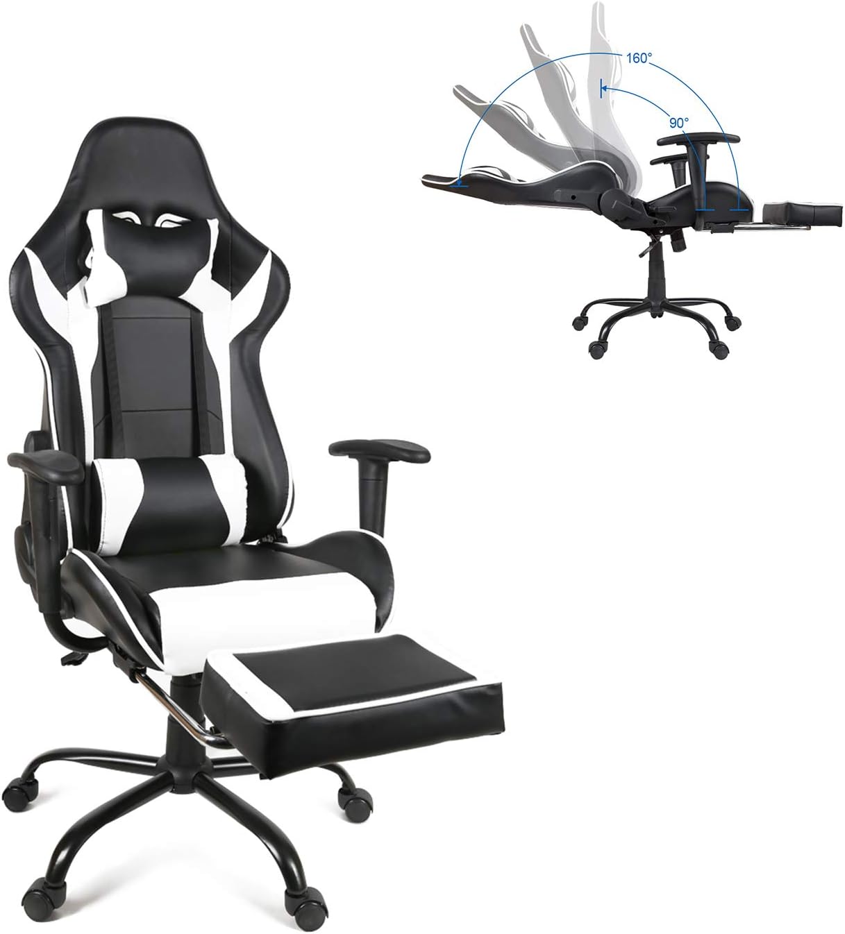 PU Leather Swivel Gaming Racing Office Chair with adjustable Armrest Reclining High Backrest Ergonomic Adjustable Home Desk Chair with Lumbar & Head Pillows (white wheels)