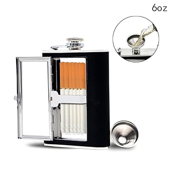 NISUN Stainless Steel Pocket Hip Flask with Funnel and Cigarette Case, 6 Oz
