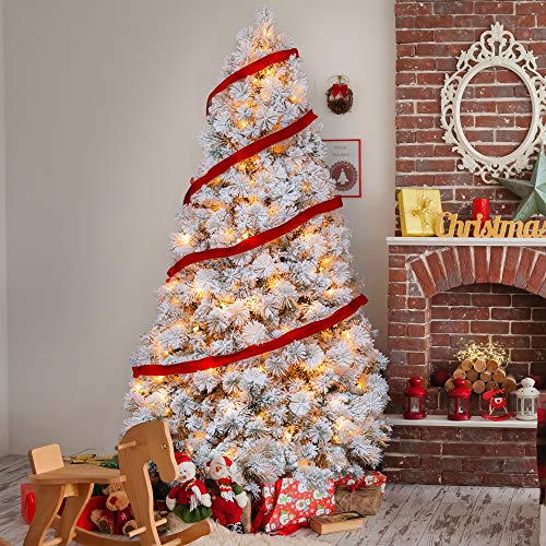 AMERZEST Spruce 6ft PreLit Snow Flocked Christmas Tree,300 Warm Lights