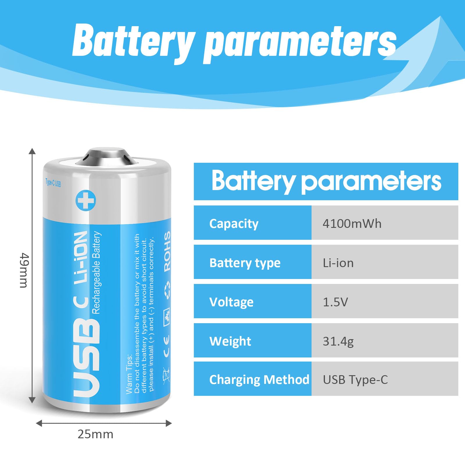Rechargeable Lithium C Batteries with 4 in 1 USB-C Charge Cable,4 Pack C Cell Li-ion Battries,LR14 1.5V C Size Cell Battery Replacement 4100mWh for Floodlight Toys(4 Pcs)