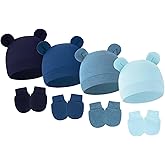 JOTDEW 4 Pack Newborn Hats Mittens Set Bear Ears Preemie Hat Infant Hospital Mitten for Baby Boy Girl 0-6 Months