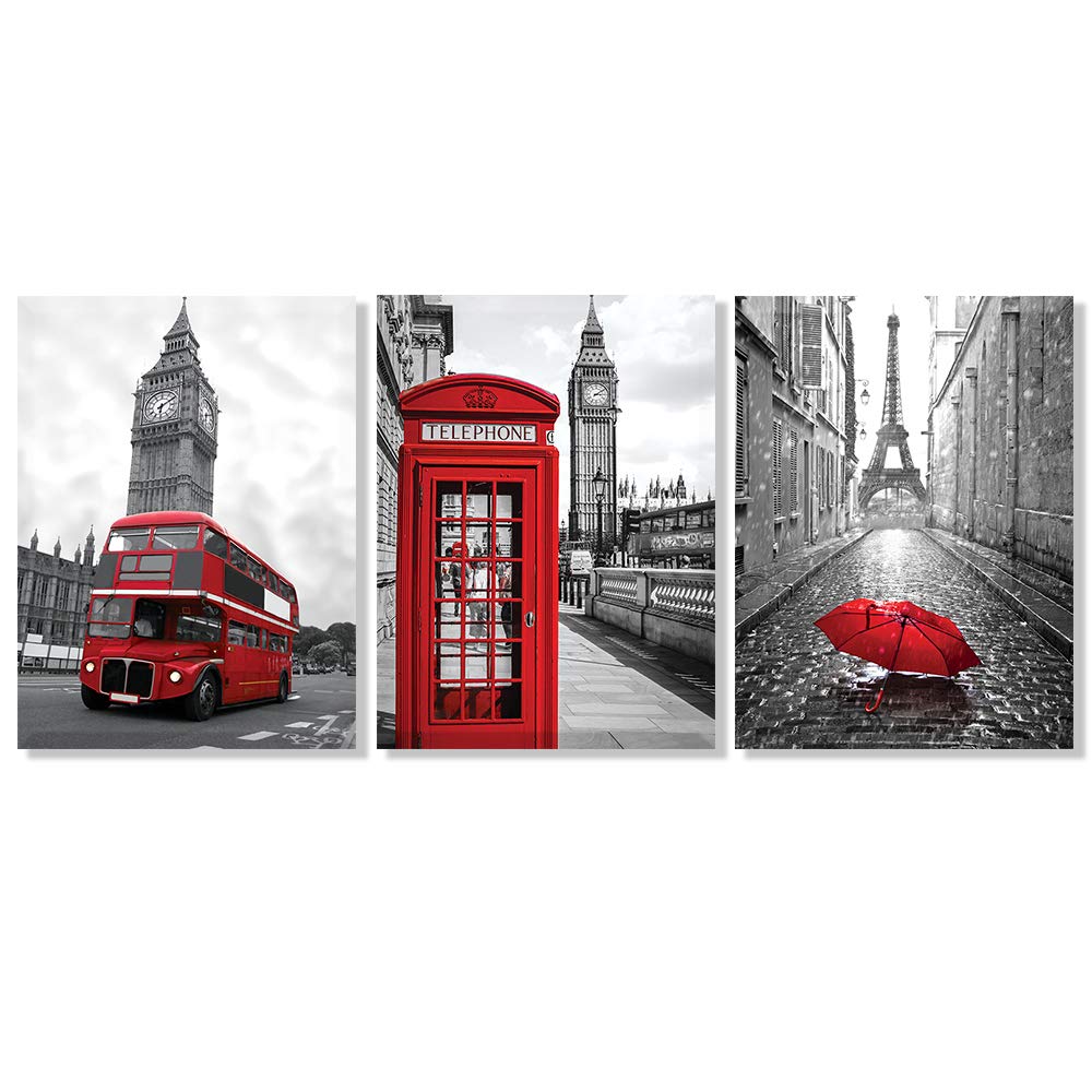 Loboo Idea Black and White Art Canvas Print Wall Decor European Architecture Famous Leaning Tower of Pisa Eiffel Parthenon & Red Telephone Booths Big Ben Landscape Paintings For Bedroom Home Office
