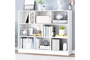 IOTXY Open Shelf Low Bookcase - Wooden 3-Tier Floor Standing Display Cabinet Organizer with Base, 8 Cubes Short Horizontal Bookshelf in Warm White