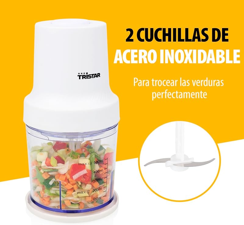 Picadora de Acero Inoxidable, Motor 400W, 2 Velocidades con Turbo, 2 Cuchillas de Acero Inoxidable, Bol 0.5L, Diseño Compacto, Piezas Aptas Lavavajillas, BL-4023
