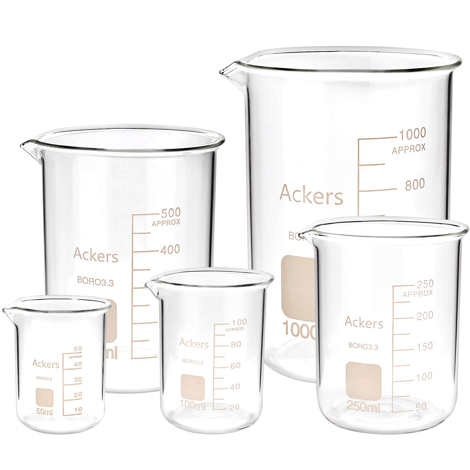 3.3 Boro Griffin Low Form Scientific Glass Beaker Set-50ml,100ml,250ml,500ml,1000 mL (Pack of 5)