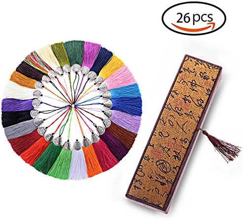 26 Colors 26pcs Silky Handmade (3.15'') Soft Fiber Tassels with Antique Silver Cap for Jewelry Making, DIY Projects, Bookmarks(goldenbox)