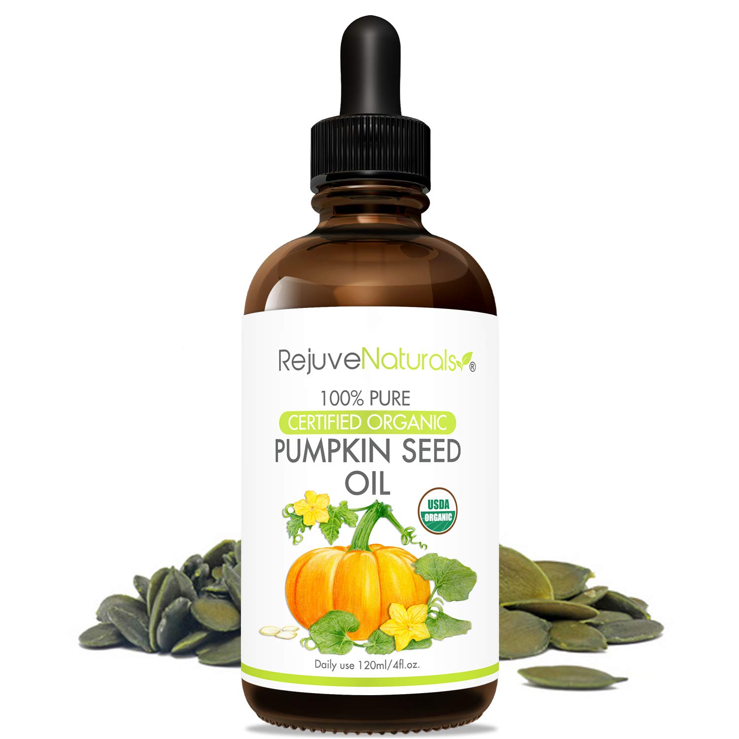 Organic Pumpkin Seed Oil (LARGE 4-OZ Bottle) USDA Certified Organic, 100% Pure, Cold Pressed. Boost Hair Growth for Eyelashes, Eyebrows & Hair. Overactive Bladder Control for Men & Women. Moisturizer: Beauty