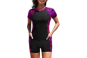 Daci Women's 2 Piece Rash Guard UPF 50+ Short Sleeve Swim Shirt with Shorts Swimsuit with Pockets and Built-in Bra