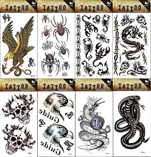 Spestyle 8pcs different look like real fake tattoo stickers designs in 1package, it including dragon,eagle,spider,skull and snake tattoo stickers