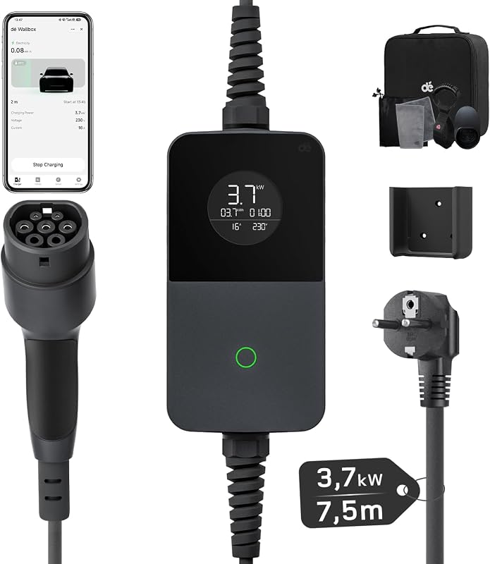 3,7kW Typ 2 Ladekabel Schuko mit APP, EV Charger mit 7,5m Kabel, 6-16A