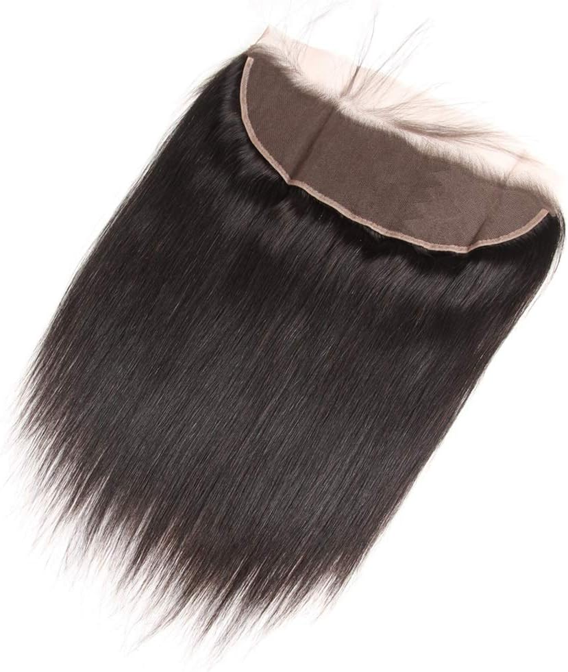 Grand NatureLace Frontal Closure 13 x 4 Human Hair Straight Wave Pre Plucked Ear To Ear Lace Frontals With Bangs Baby Hair Knots Can Be Bleached (18", Light-brown Lace)