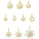 KitBeads 10Pcs 10 Styles Cubic Zirconia Sun Charms 18K Gold Plated Brass Celestial Sun Pendants Charm for Bracelet Jewelry Making Necklaces Earrings Bulk