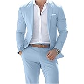 Mens Cotton Suit 2 Piece Set Slim Fit One Button Solid Dress Casual Blazer Formal Wedding Party Prom Tuxedo Jacket and Pants