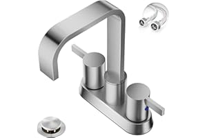 Phiestina Waterfall Bathroom Sink Faucet, Brushed Nickel 4 Inch 2 or 3 Hole Centerset RV Bathroom Faucet, with Swivel 360 Degree Spout, Metal Pop-Up Drain and Water Supply Lines, BF040B-1-BN