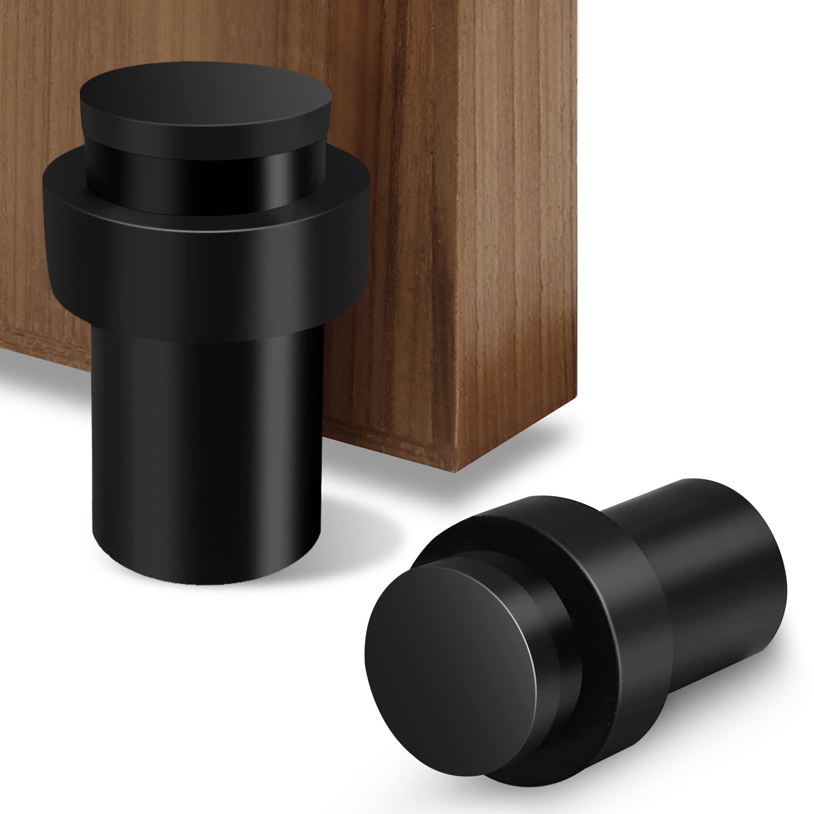 Door Stop, 65mm Black Door Stopper Floor Mounted Stainless Steel Heavy Duty Doorstops for Wall Floor Mount Modern Door Stop Holder with Thick Rubber Bumper, Cylindrical, 2 Pack