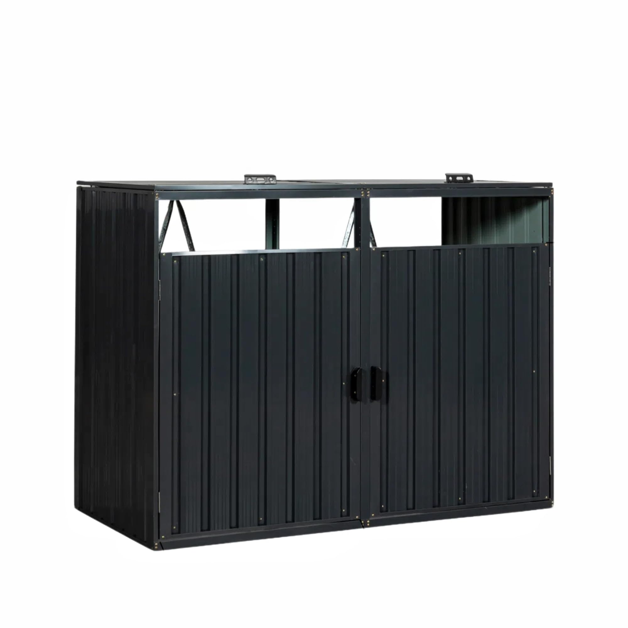 Photo 1 of ****missing parts **Trygoal 55.1 Cu.Ft Outdoor Trash Can Storage Shed, Metal Trash Can Storage Bin with Spring Chain Lid for Garbage Storage, Waterproof Storage Shed Stores for 2 Trash Cans, Garden Tools, Black