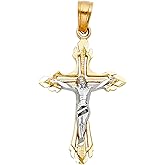 14K Real Gold Two Tone Linear Jesus Cross Pendant - 25x16 MM Crucifix Charm Necklace Pendant - Great Gift for Men & Women