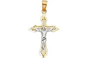 TOP GOLD & DIAMOND JEWELRY 14K Real Gold Two Tone Linear Jesus Cross Pendant - 25x16 MM Crucifix Charm Necklace Pendant - Great Gift for Men & Women