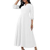 FANDEE Maxi Dress for Women Casual 3/4 Sleeve V Neck Semi Formal Fit and Flare Dress Classy High Waist Wedding Guest Dresses