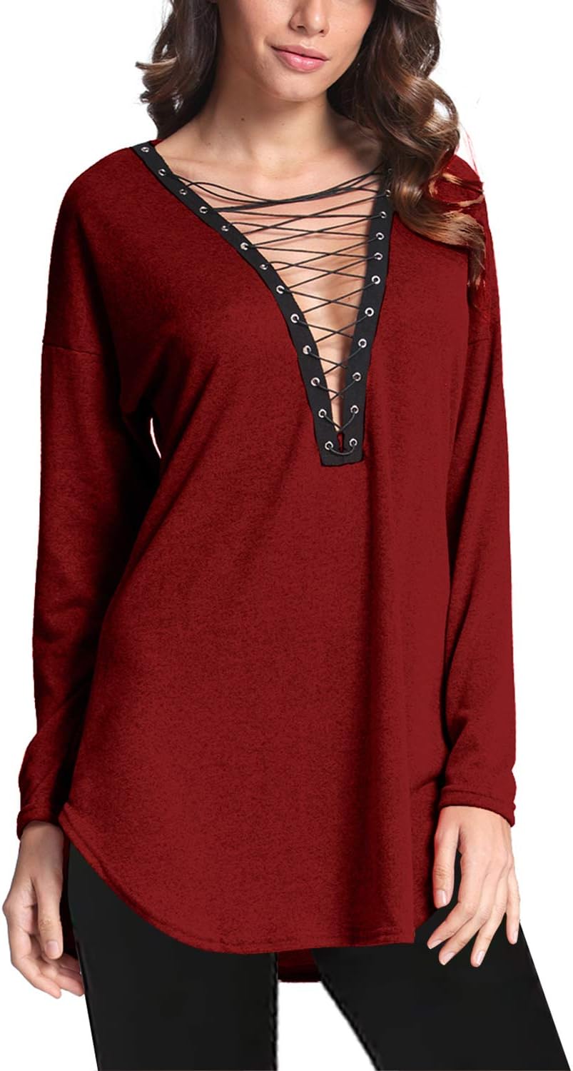VONDA Women's Sexy Long Sleeve Tops Casual Lace Up Blouse Deep V Mini Shirts Dress