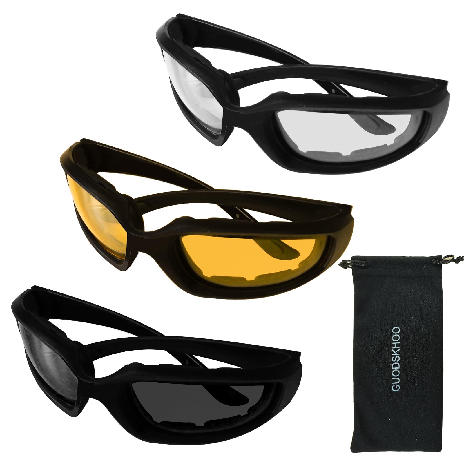 GUODSKHOO Cycling Sunglasses for Men & Women - Windproof, Night Vision, 3 Pcs (Gray/Clear/Yellow)