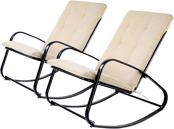 Amazon Com Oc Orange Casual Patio Furniture Rocking Chairs With Removable Paded Beige Cushion Outdoor Indoor Metal Rocker Black Set Of 2 Garden Outdoor
