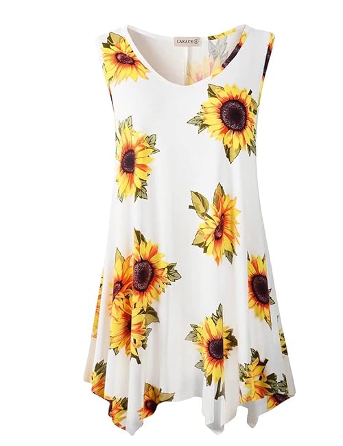 LARACE Plus Size Tank Tops for Women V Neck T Shirts Summer Sleeveless Tunic Tops Loose Fit Sunflower Blouse(3X,A-SunFlower26)