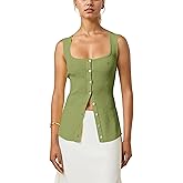 AIHUKOCY Women Square Neck Button Down Knit Tank Top Button-Up U Neck Sleeveless Backless Solid Slim Sexy Sweater Vest Tops Green