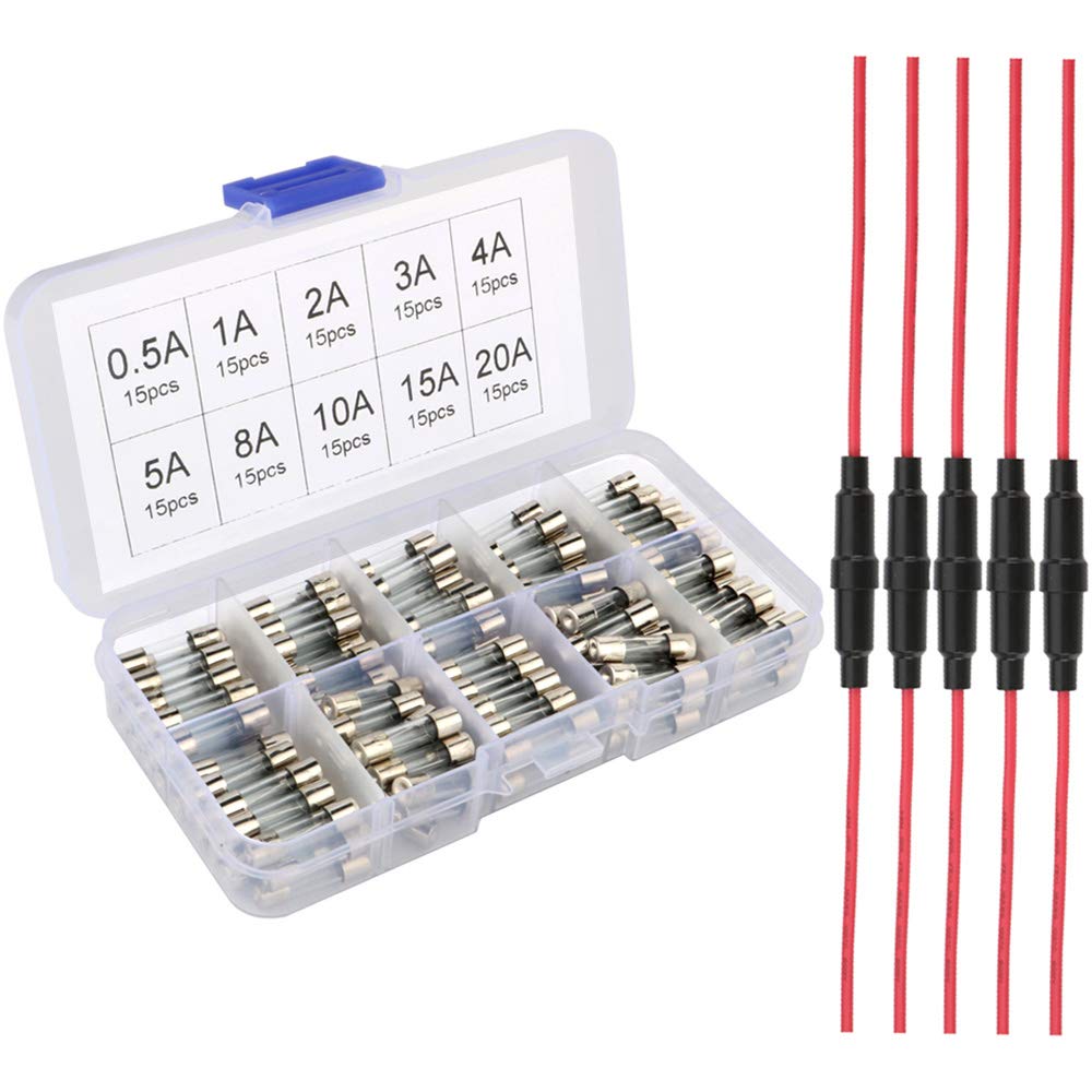 Gebildet 5pcs 5x20mm AGC Fuse Holder Inline Screw Type with 16 AWG wire + 150pcs 5x20mm Fast-blow Glass Fuses Quick Blow Car Glass Tube Fuses Assorted Kit